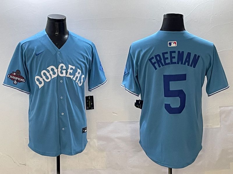 Men Los Angeles Dodgers 5 Freeman Light Blue Throwback Game 2025 Nike MLB Jersey style 2
